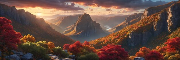 Beauté de la nature, vue panoramique sur les sommets des montagnes couverts d'arbres d'automne au coucher du soleil