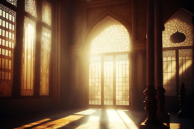 la beauté paisible d'une mosquée islamique éclairée par les rayons du soleil à travers la fenêtre