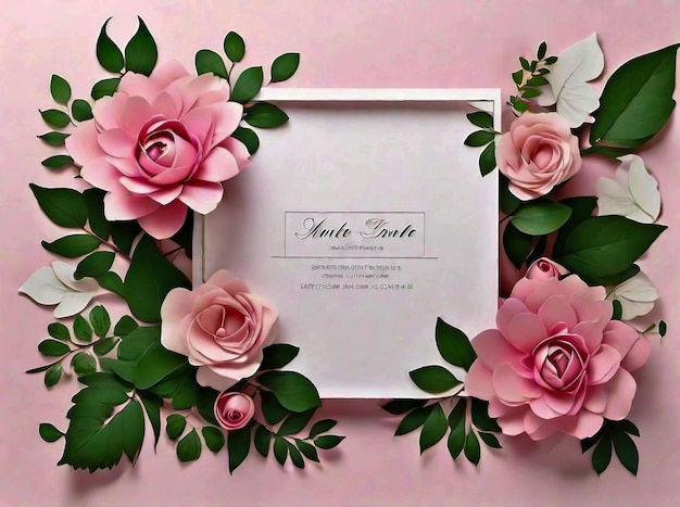 La beauté pleine disposition de fleurs roses feuilles vertes avec espace carré blanc posé pour l'invitation