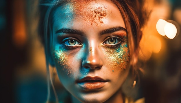 Beauté rougeoyante jeune femme adulte avec maquillage généré par l'IA