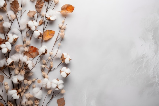 Beauté rustique un arrangement d'automne de branches d'eucalyptus, fleurs de coton et feuilles séchées sur un P