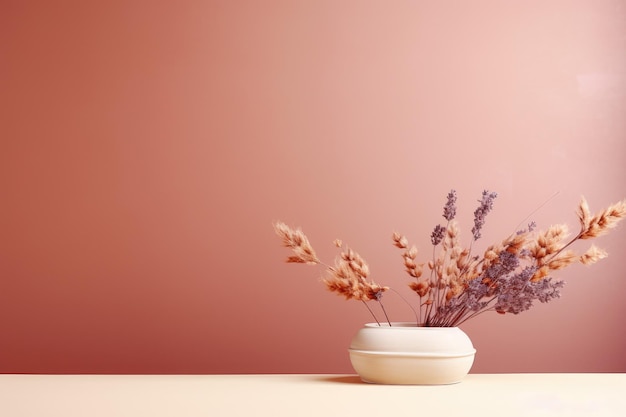 La beauté s'estompe embrassant le minimalisme avec des fleurs séchées et un podium sur une toile pastel