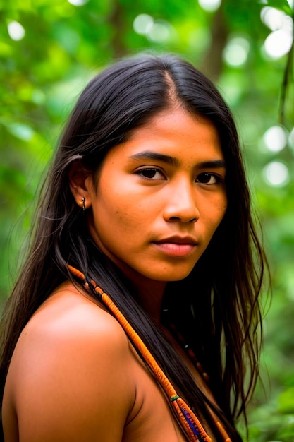 Beauté sauvage de l'Amazonie Portrait captivant d'une femme autochtone d'une communauté tribale