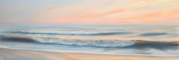 La beauté sereine d'un océan calme au lever du soleil où les vagues douces chuchotent vers le rivage sous un ciel peint dans de douces nuances de rose et d'orange