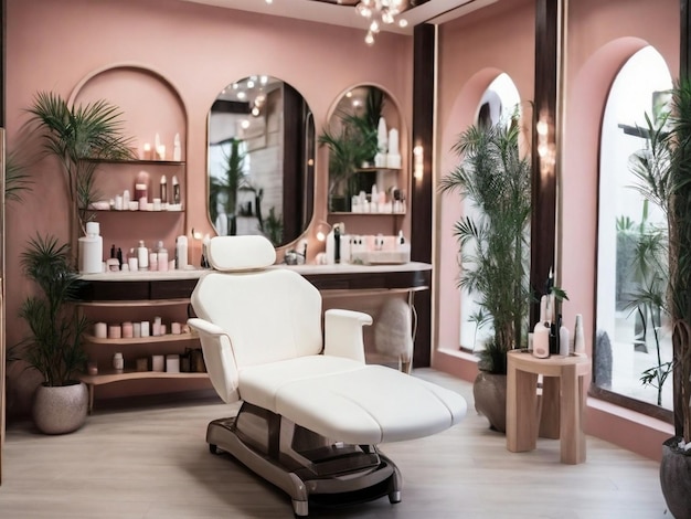 Photo beauté et soins du corps intérieur du nouveau salon de beauté avec table de massage spa et ensemble de produits de soins de la peau