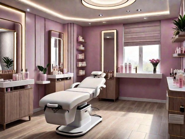 Photo beauté et soins du corps intérieur du nouveau salon de beauté avec table de massage spa et ensemble de produits de soins de la peau