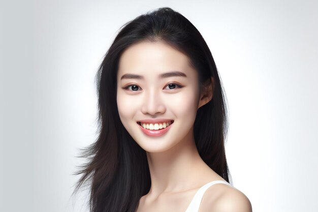 Beauté souriante chinoise fond blanc pur douceur gracieuse image de maquillage visage mince