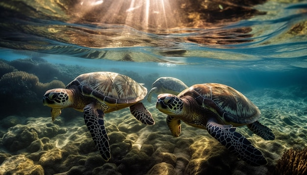 La beauté sous-marine La tortue de mer rouge nage gracieusement générée par l'IA