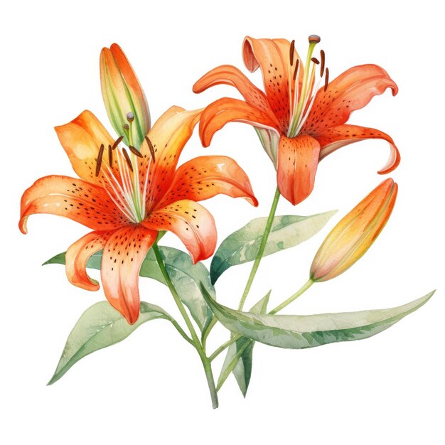 Beauté Tiger Lily aquarelle douce botanique sur une toile blanche impeccable pour perfectionner votre prochain projet de bricolage.