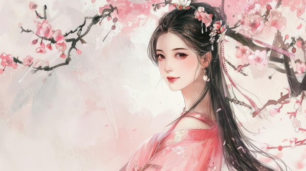 Photo la beauté traditionnelle asiatique en hanbok rose avec des fleurs de cerisier