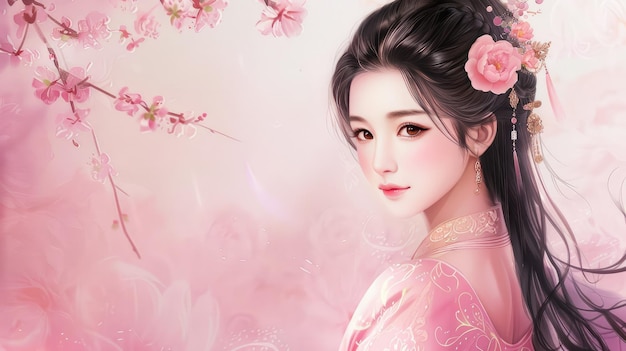 Photo la beauté traditionnelle asiatique en hanbok rose avec des fleurs de cerisier