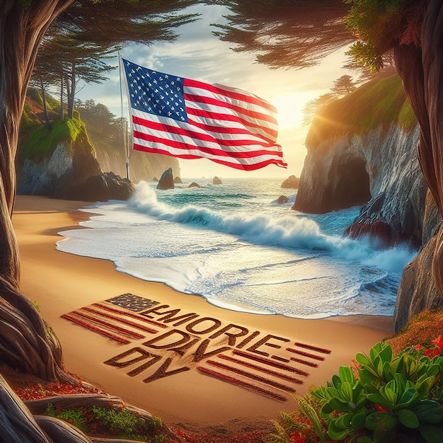La beauté des vagues côtières s'écrase Le drapeau américain flotte haut Le jour du souvenir écrit dans le sable