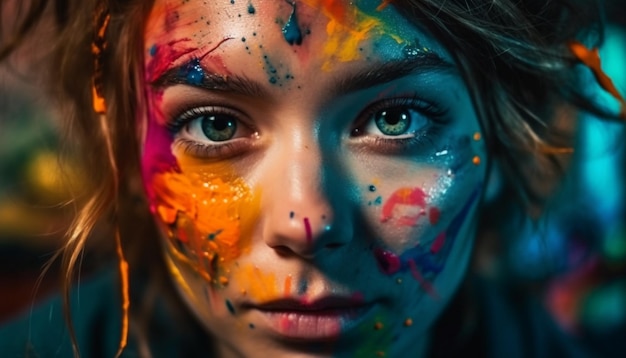 Beauté vibrante jeune femme peinture de visage colorée générée par l'IA