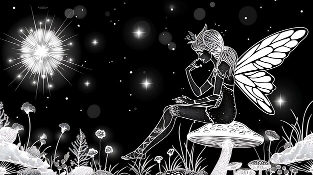 Photo a beautiful fairy sits on a mushroom in the moonlight she is surrounded by flowers and stars the image is in black and white