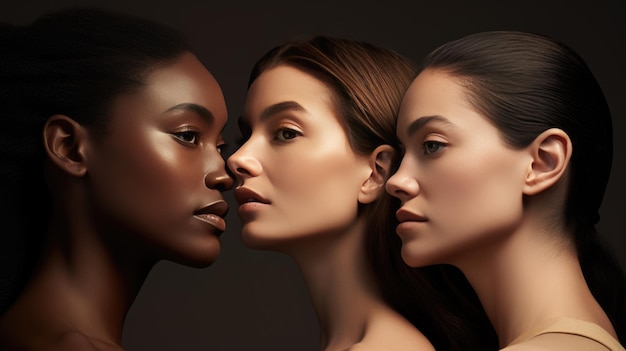 Beauty Groupe multiethnique de femmes avec différents types de peau ensemble sur un fond gris Créé avec la technologie d'IA générative