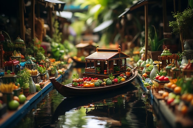 Beauty Tilt Shift avec une séance photo unique et créative d'un marché flottant thaïlandais animé