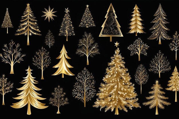 De beaux arbres de Noël dorés sur un fond noir pour une belle