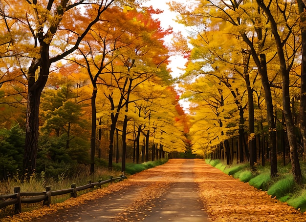 Beaux arbres et route d'automne