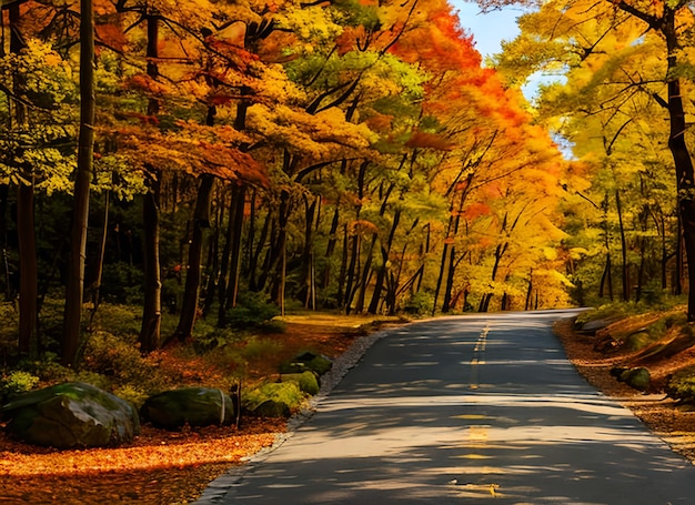 Beaux arbres et route d'automne