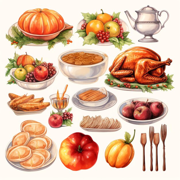 beaux autocollants sur le thème de Thanksgiving illustration clipart aquarelle