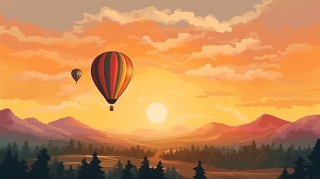 De beaux ballons à air chaud volant au-dessus du ciel avec une vue sur le coucher du soleil