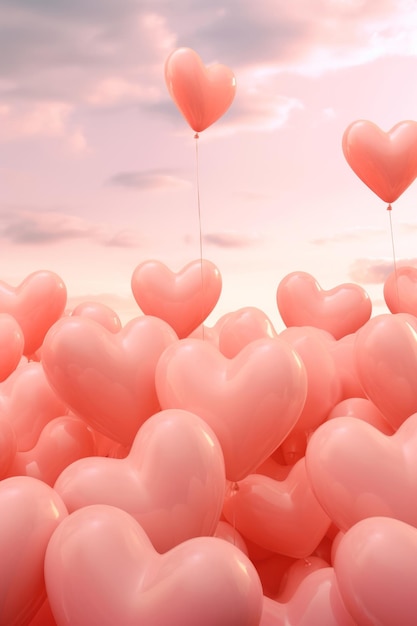 Photo de beaux ballons en forme de cœur dans le ciel de couleur peach fuzz en arrière-plan atmosphère romantique