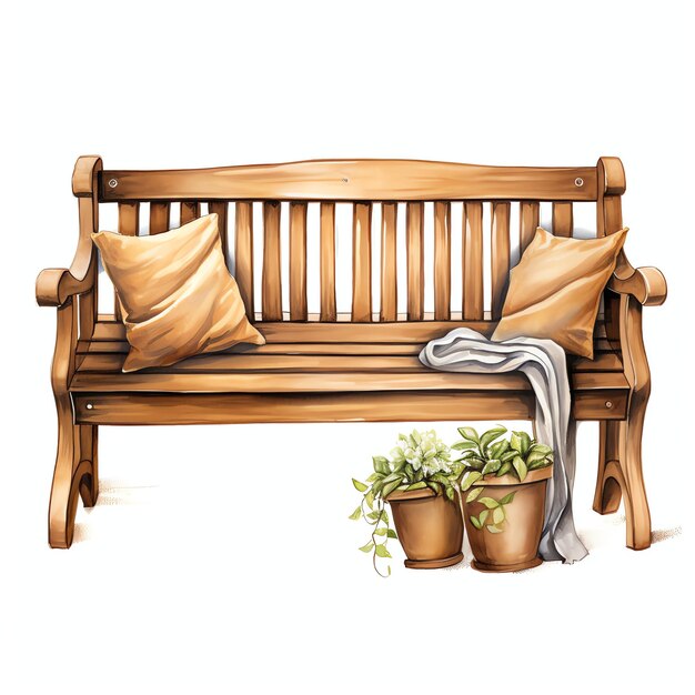 Photo beaux bancs en bois rustiques avec coussins rustique cottagecore aquarelle confortable clipart