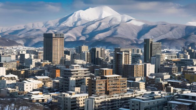 Photo beaux bâtiments d'architecture avec un paysage de montagne en saison hivernale ville de sapporo hokkaido japa