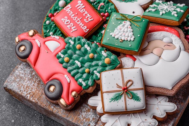 Beaux biscuits colorés de pain d'épice de Noël pour la conception et la décoration