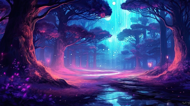 Beaux bois fantastiques avec peinture numérique de paysage d'éclairage violet et cyan