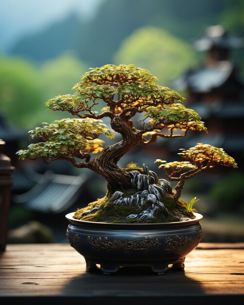 Photo beaux bonsais dans un pot en céramique sur une table en bois