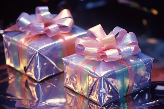 Photo de beaux cadeaux brillants emballés dans du papier au néon métallique le jour de la boxe des cadeaux sur la table