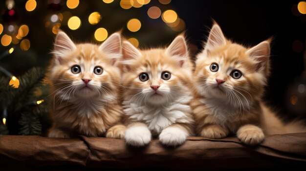 Photo de beaux chatons domestiques près de l'arbre de noël à la veille de la fête