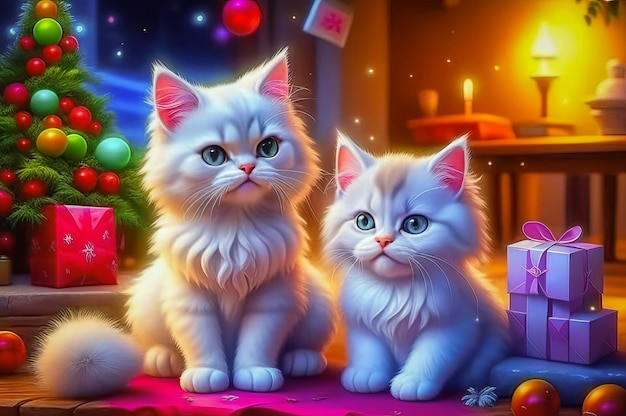 De beaux chatons mignons avec des cadeaux de Noël dans un intérieur festif