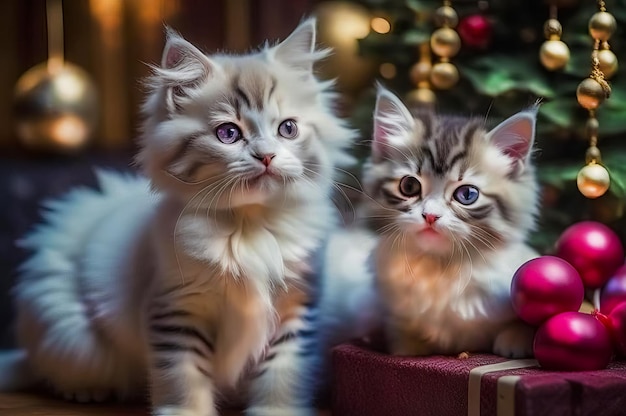 Beaux chatons mignons avec des cadeaux de Noël dans un intérieur festif