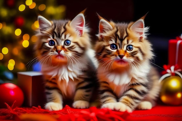 De beaux chatons mignons avec des cadeaux de Noël dans un intérieur festif