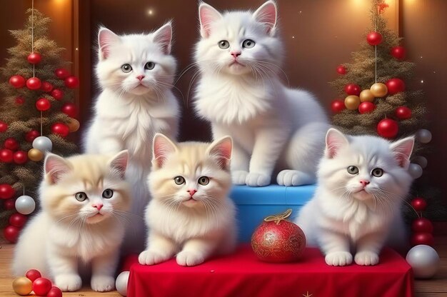 De beaux chatons mignons avec des cadeaux de Noël dans un intérieur festif