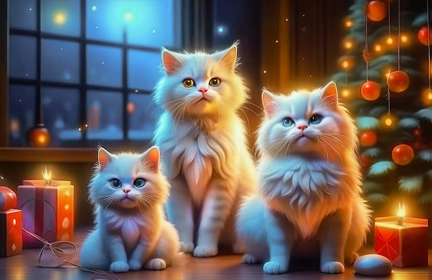 De beaux chatons mignons avec des cadeaux de Noël dans un intérieur festif