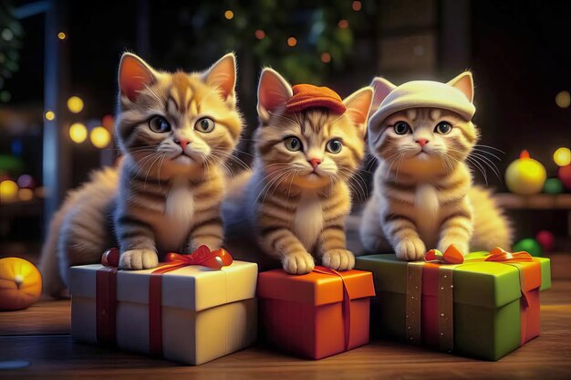 De beaux chatons mignons avec des cadeaux de Noël dans un intérieur festif