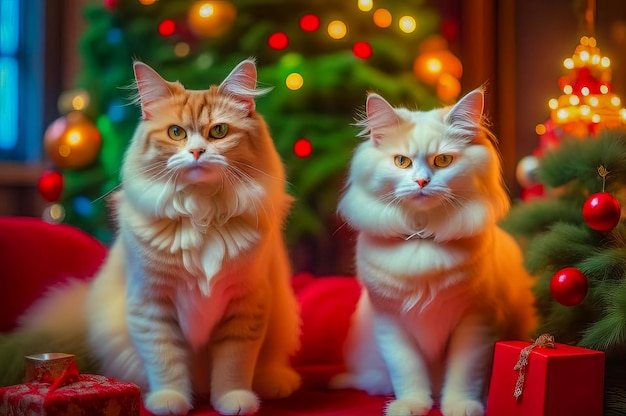 Photo de beaux chats mignons avec des cadeaux de noël dans un intérieur festif