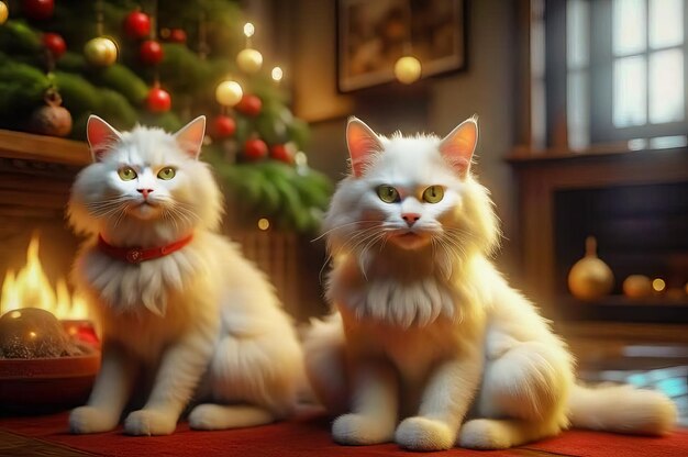 De beaux chats mignons avec des cadeaux de Noël dans un intérieur festif