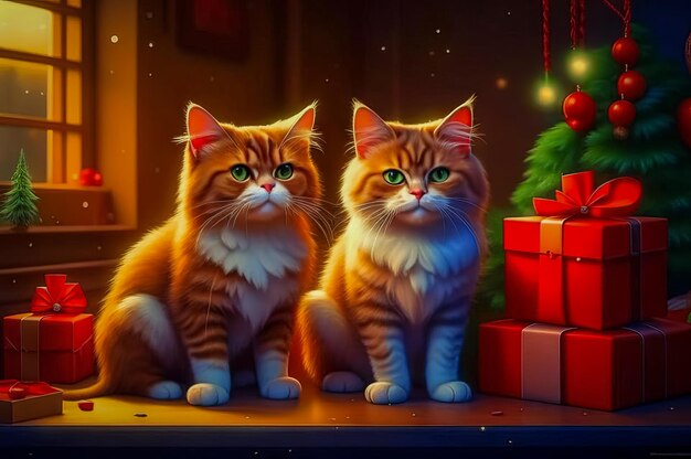 De beaux chats mignons avec des cadeaux de Noël dans un intérieur festif