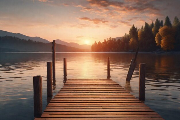 De beaux chemins de bois vides avec des arbres et un ciel bleu l'océan calme avec un magnifique coucher de soleil