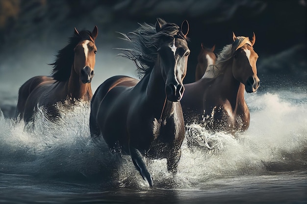 De beaux chevaux bai courent au galop dans l'eau sous la pluie