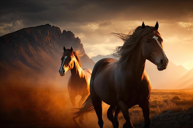 Beaux chevaux avec une longue crinière court sur fond de coucher de soleil dans les collines