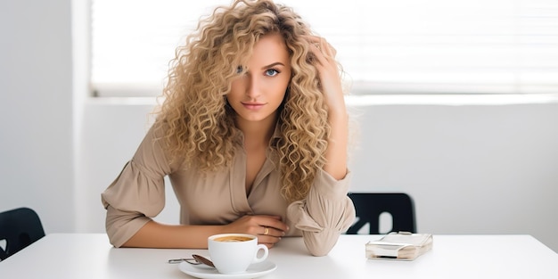 Beaux cheveux bouclés blonds d'une fille dans une combinaison beige Maquillage naturel parfait pour un corps mince