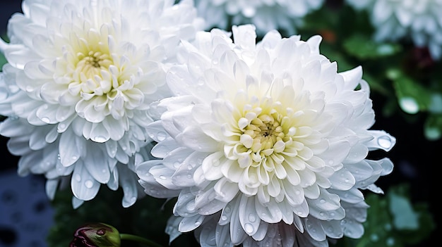 De beaux chrysanthèmes blancs fleurissent dans le jardin pendant la pluie.