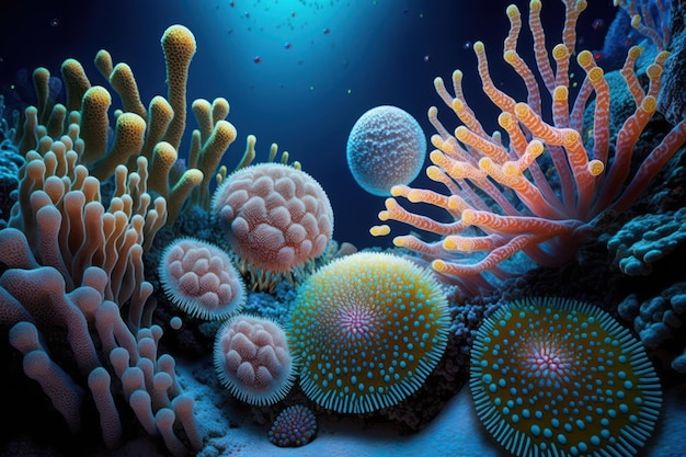 Beaux coraux marins hermatypiques de diverses espèces colorées sous la mer