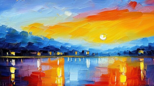 Beaux couchers de soleil ou le lever du soleil sur la mer l'océan ou le lac peinture à l'huile créée par artificiel