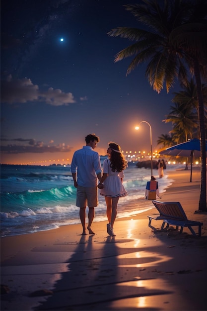 De beaux couples sur la plage la nuit.